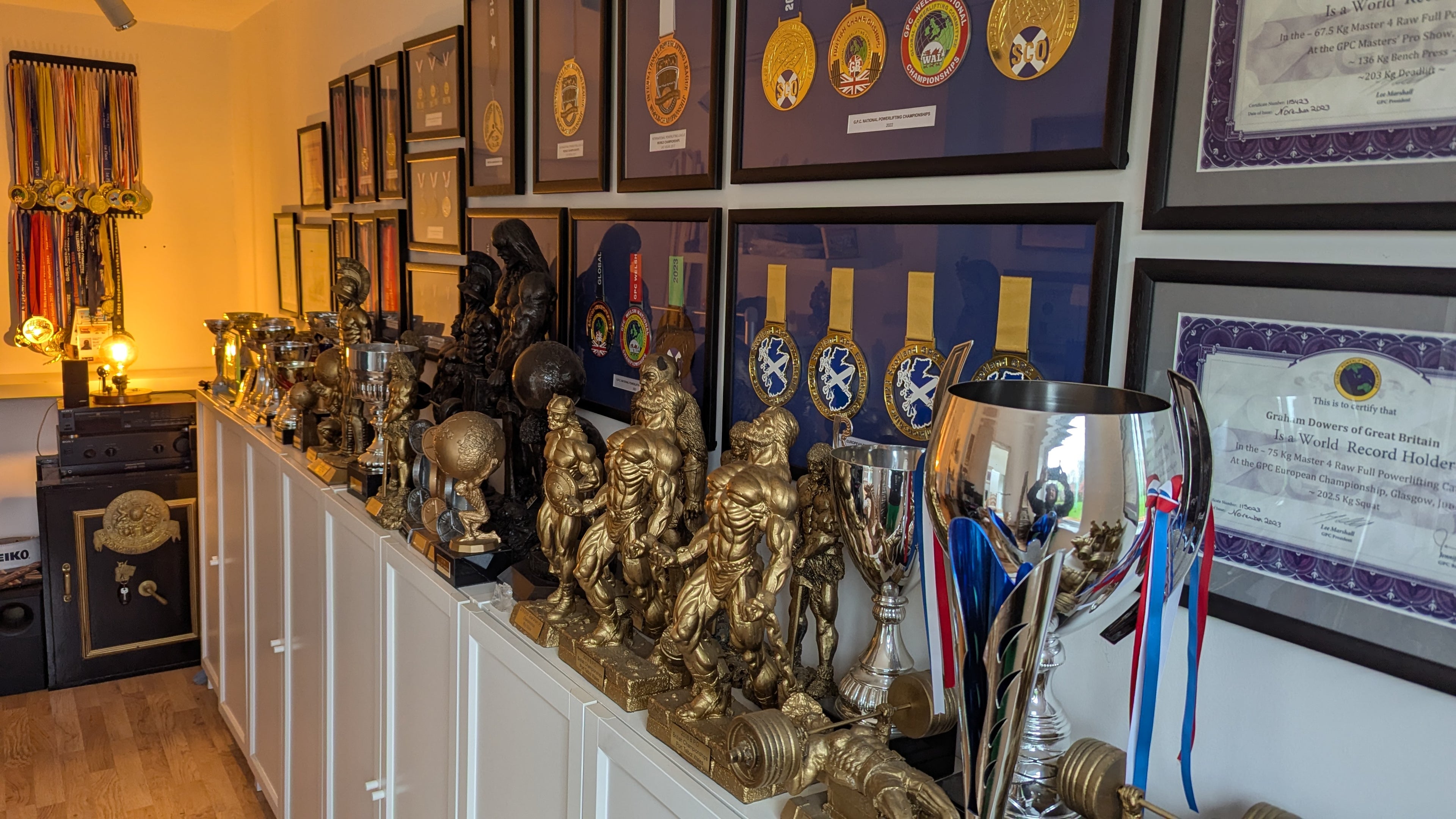 Collection of trophies and awards displayed on a shelf with framed certificates in the background.