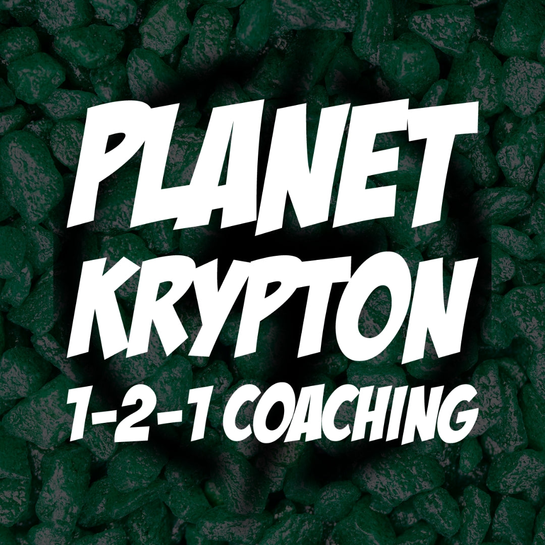Text 'Planet Krypton 1-2-1 Coaching' on a textured green background